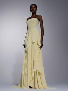 Elitara Vestido de gasa con hombros descubiertos, plisado y fruncido en el bajo, elegante y romántico, adecuado para festivales, bodas, galas, conciertos, eventos de negocios y ocasiones de influencers en redes sociales - Amarillo claro - Ver 7