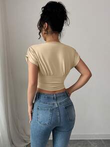 Elenzga 女士休闲V领收腰T恤 - 卡其色 - 查看 2