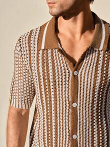 Manfinity RSRT Men's Casual Striped Button Short Sleeve Knit Top - Multicolor - View 5