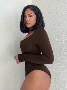 Alexandranx Body de cuello en V profundo moderno - Café integral - Ver 5