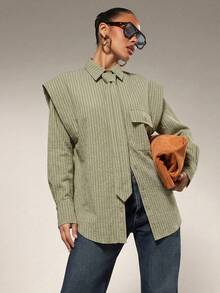 Hauture Camisa a rayas con hombros exagerados y nudo delantero - Multicolor - Ver 6