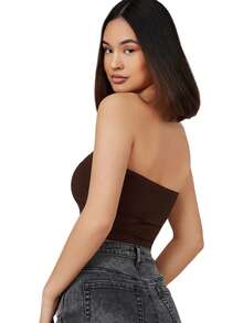 SHEIN BASICS 女士纯色休闲百搭日常穿搭抹胸上衣 - 咖啡棕 - 查看 3