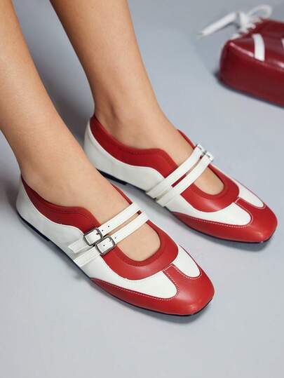 CUCCOO GRLICON 女士搭扣装饰撞色平底乐福鞋