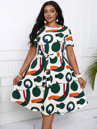 Villa Velisse 大码几何花卉蝴蝶结圆领休闲度假常规连衣裙（女款）