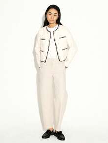 KSTM Lightweight Tweed Jacket With Black Contrast Trim And Chain Detail For Women - White - View 3