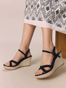 Styleloop Women's Fashionable Versatile Buckle Design Thick Sole Wedge Sandals For Daily Wear - Black - View 5