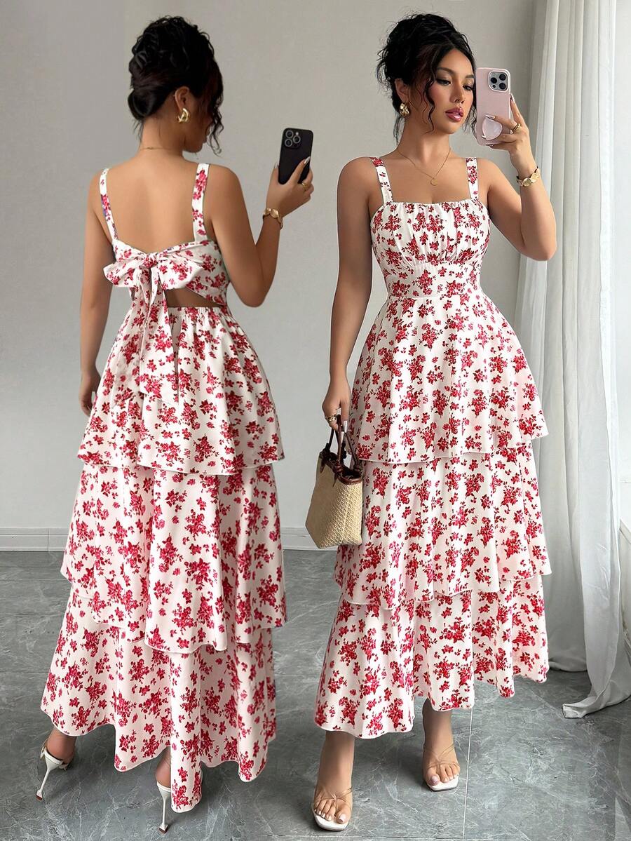 Elenzga 女士优雅无袖层叠印花连衣裙，适合海滩约会，清新时尚，是春夏的理想之选。 - 紅色 - 查看 1