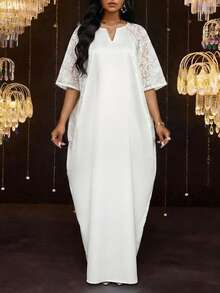 SHEIN Lady Women's Contrast Lace Raglan Sleeve Dress, Elegant - Red - View 8