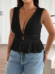 Lounesse Plus Size Summer Casual Solid Color Textured Tie-Up Camisole - Black - View 5
