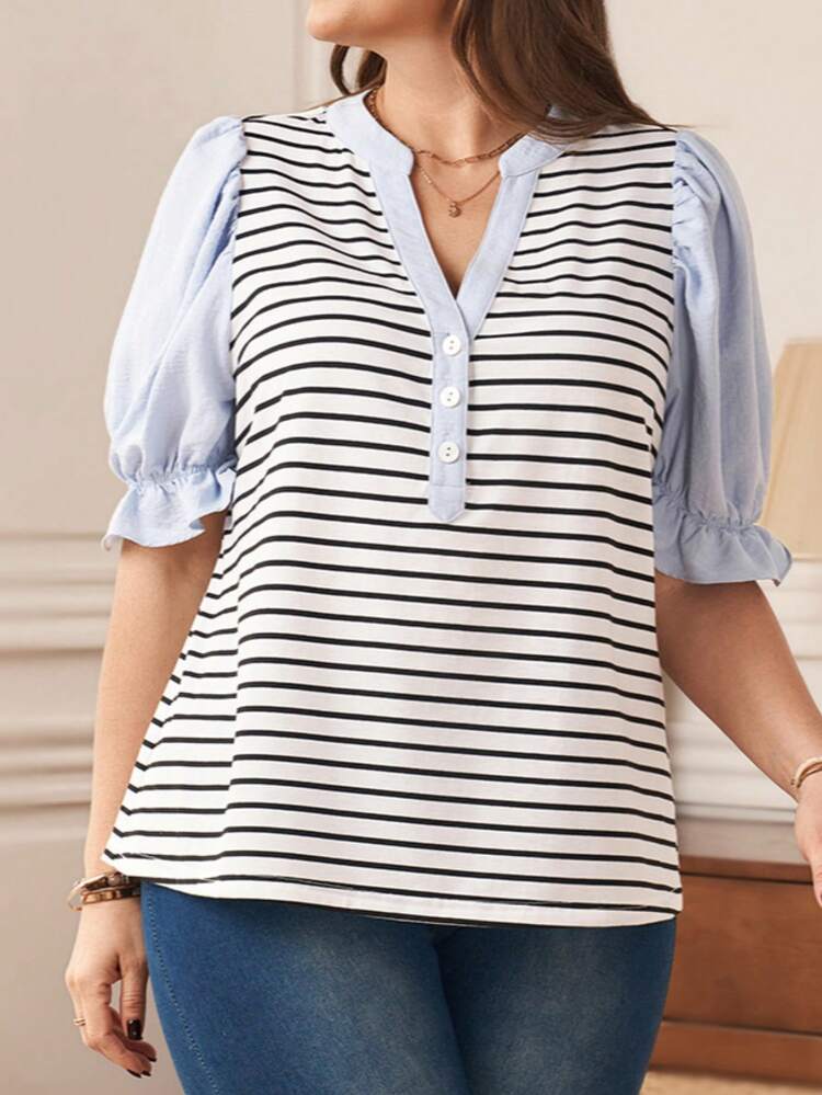 Plus Size Women V-Neck Striped Patchwork Casual Versatile Daily Wear Shirt Stripe Top Preppy Tops Nautical Blue And White Top Summer Beach Vacation Going Out Top, Summer Tops Striped Blouse
