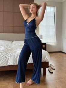 ZzzCrew Women's Knit Polka Dot Print Camisole And Pants Pajama Set, Ruffled Neckline With Bow Tie, Sexy & Versatile, Suitable For All Seasons - Navy Blue - View 7