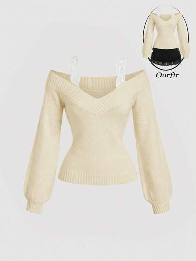 SHEIN MOD كنزة صوفية نسائية رمادية من الدانتيل الأسود 2 في 1 للخريف/الشتاء