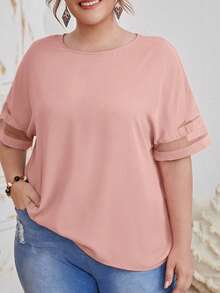 Plus Size Women Solid Color Mesh Patchwork Round Neck Short Sleeve Loose Blouse - Coral Pink - View 4