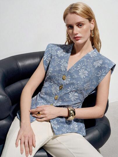 Aveloria Modichic Jacquard Knit Sleeveless V-Neck Vest In Blue-Gray, Featuring Intricate Jacquard Craftsmanship, Fluttering Sleeves To Conceal Arm Flaws, Vintage-Modern Style Suitable For Commuting, Gatherings, Daily Wear, Dates, Shopping. V-Neck Design Element, Waist-Cinching Silhouette For Slimming Effect, Lightweight Polyester Fabric With Refined Texture. Key Fashion Keywords: Jacquard Vest, Retro , European & American Bestseller, Slimming Design, Fashionable Versatile, Delicate Texture, Metal Buttons, Elegant Elegant, Lightweight Comfort.