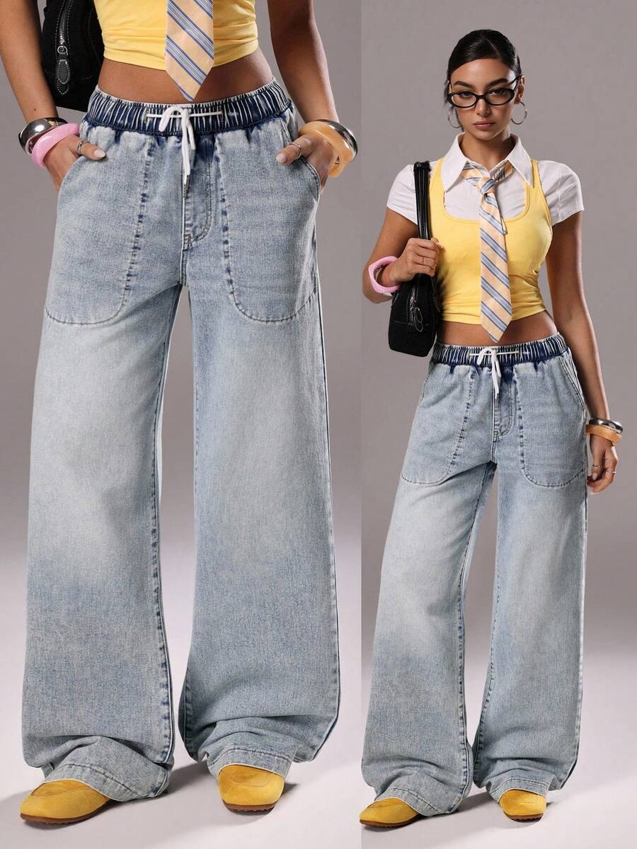 TRNVIE 时尚休闲弹力腰抽绳口袋低腰阔腿牛仔裤 - 中等水洗藍 - 查看 1