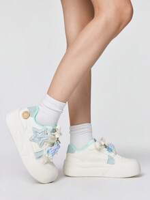 ROMWE Kawaii 女士粉色蝴蝶结系带休闲软底轻便跑步鞋，玛丽珍小皮鞋，甜美风格运动鞋 - 藍色格子 - 查看 4