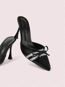 CUCCOO DOLLMOD Ladies Black Lace Bow Pointed Toe Thin Heel High Heel Pumps - Black - View 1