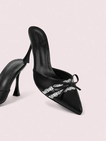 CUCCOO DOLLMOD Ladies Black Lace Bow Pointed Toe Thin Heel High Heel Pumps