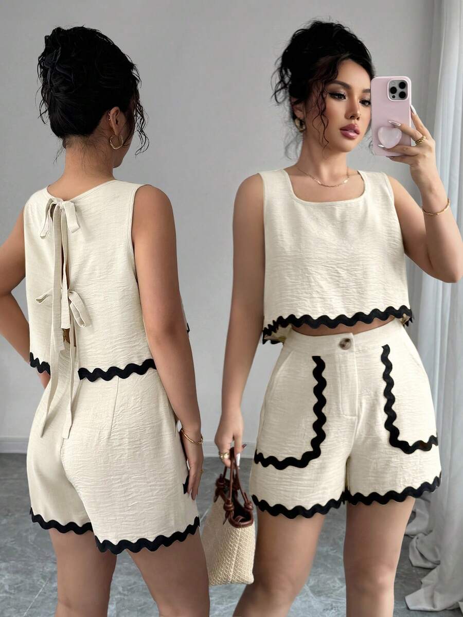 Selianne Women's Elegant Square Neck Sleeveless Crop Top With Contrast Tape Trim And Straight Leg Shorts 2-Piece Set, Spring/Summer - Apricot - View 1