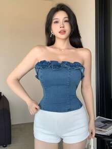 DAZY Áo ống denim nữ kiểu dáng thường ngày với viền bèo nhún, thích hợp cho mùa hè. - Màu xanh lam - Xem 5