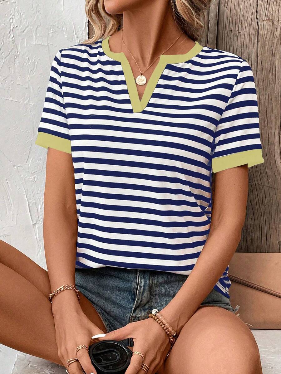Lymera 女士夏季条纹V领短袖休闲T恤印花上衣 - 彩色 - 查看 1