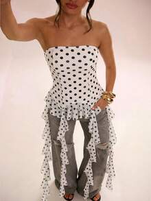 Avenya 女士无肩带荷叶边扎染波点印花衬衫 - 彩色 - 查看 3