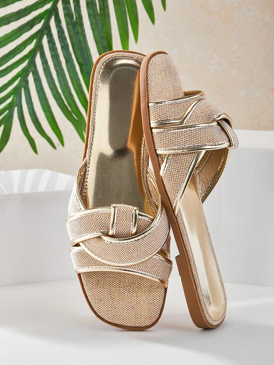 SHUZIA Sandal đế bằng kiểu dáng tối giản, thoải mái, quai chéo dành cho nữ. - Vàng - Xem 1