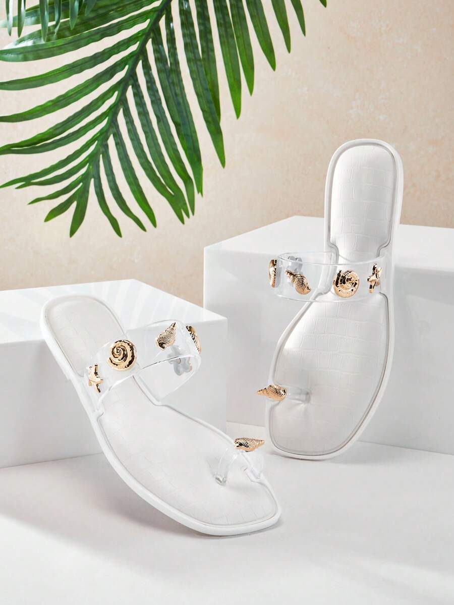 SHUZIA Dép xăng đan quai ngang trong suốt bằng nhựa dẻo dành cho nữ của CoastalMuse, điểm nhấn là họa tiết vỏ sò vàng – Dép lê thoải mái, thời trang đi biển. - Trong sáng - Xem 1