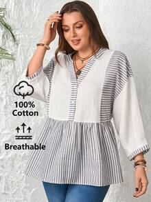 EMERY ROSE Blusa de mujer talla grande con rayas y patchwork, manga 3/4, blanca estilo boho para otoño y vacaciones, túnica casual, blusa elegante de negocios con volantes para verano - Multicolor - Ver 2