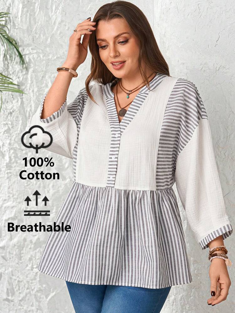 Plus Size Women Striped Patchwork 3/4 Sleeve Blouse/Summer/Vacation,Summer Outfits,Spring Clothes Women ,Beach Vacation Outfits For Women,Going Out Tops,Vacation Outfits Women,Casual Outfit For Women,Peplum Top Boho Tops Plus Size Boho Tops For Women Blouses Tunic Tops For Women Plus Size Tops Blouses For Women Elegant Casual Dress Blouse For Women Business Casual Women Tops Long Sleeve Summer Dress Women Vacation Dress Trending Tops For Women Summer Tops Shirts For Woman Casual Women's Tops And Blouses Blouse For Women Casual Latest Tops For Women Women's Shirts For Summer Latest Tops For Women New Arrivals