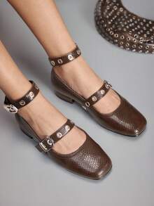 CUCCOO GRLICON 女士铆钉设计休闲乐福鞋，圣诞节必备 - 棕色 - 查看 1