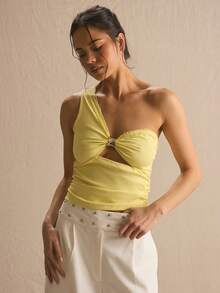 MUSERA Lace Trim Hardware Detail Ruched One Strap Fitted Top Spring Summer Cosy Cute Daily Girly Vacation Sunlight Social - Pale Yellow - View 1