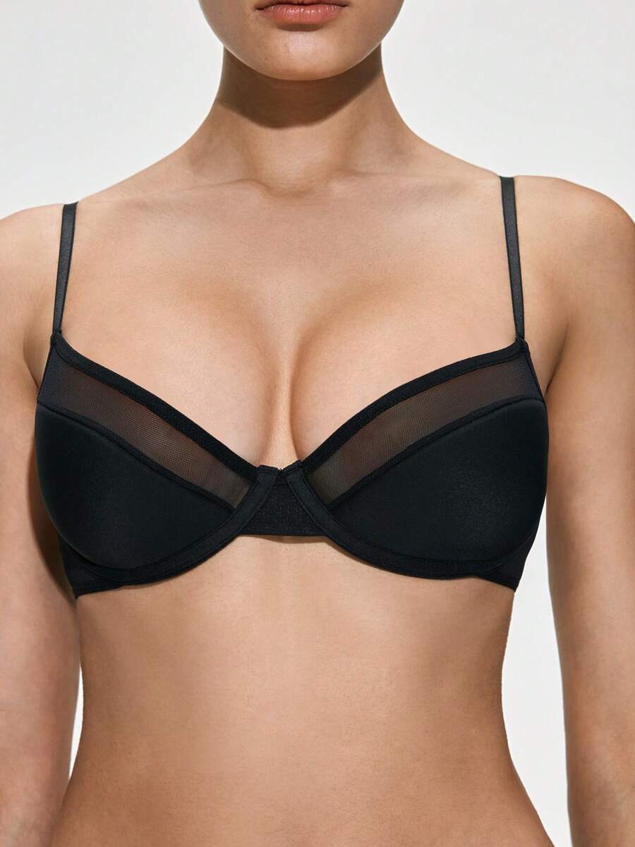 SHAPORA Áo ngực gợi cảm tối giản, phối lưới màu trơn, có gọng, nâng ngực, giúp tôn vòng một và ngăn ngừa chảy xệ. - màu đen - Xem 1