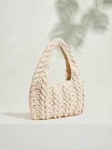 SHECARRY Fashionable Woven Tote Bag, Beige Hollow-Out Handbag - Beige - View 2