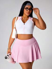 SHEIN Sovereign Charm Rhythm Era 大码女式短裙，带口袋，适合羽毛球、网球、瑜伽、健身、跑步、马拉松等运动。 - 粉色 - 查看 7