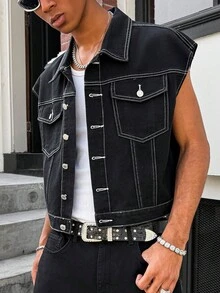 Manfinity EMRG Men's Mature Casual Street Life Line Design Black Washed Jacket - Black - View 8