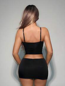 SHEIN ICON Women's Summer Fashion Solid Color Mesh Patchwork Ruffle Hem Camisole - Black - View 2
