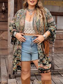 SHEIN CURVE+ Curve 尺码 US22 音乐节、海滨度假、波西米亚风印花流苏下摆和服，适合旅行、机场、郊游、乡村、返校、假日等各种场合，优雅休闲，度假风，波西米亚风和服，夏季印花和服，嬉皮波西米亚风和服 - 彩色 - 查看 8