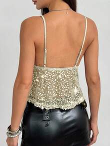 Women's Beaded Mesh Sexy Vacation Party Camisole - Champagne - View 2