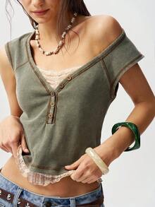 Bohemela Casual Knit Contrast Lace Slim Fit Women T-Shirt - Multicolor - View 2