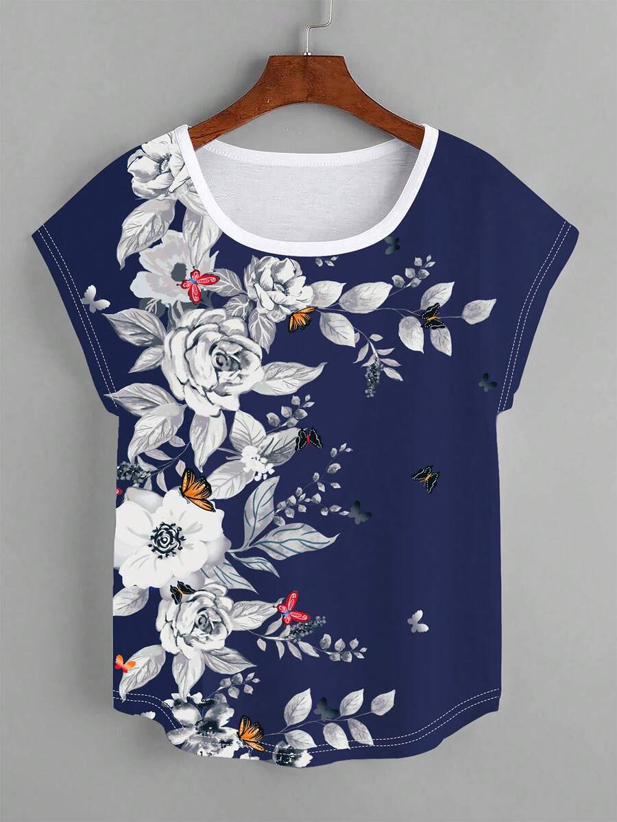 SHEIN LUNE 花卉印花蝙蝠袖弧形下摆T恤衫 女式上衣 - 彩色 - 查看 1