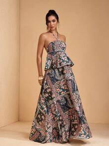 JIAN LASALA Áo maxi dáng chữ A rộng rãi, không tay, cổ yếm, buộc dây, in họa tiết toàn thân, kiểu boho dành cho nữ. - Nhiều màu - Xem 4