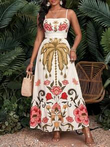 SHEIN Lady Women's Vacation Casual Tropical Print Cropped Cami Dress - Multicolor - View 1