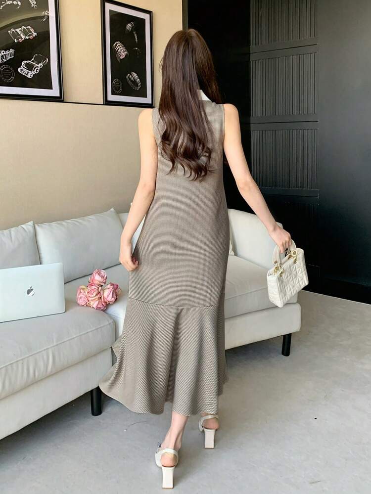 Women's Elegant Commuter Houndstooth Sleeveless Mid-Length Dress, Summer Sundress