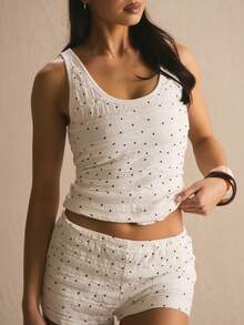 MUSERA 波点圆领吊带荷叶边背心和迷你荷叶边短裤套装，春夏舒适可爱日常少女度假阳光社交装 - 白色 - 查看 2