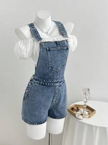 Elamini Y2K Summer Casual Denim Bib Shorts - Light Wash - View 5