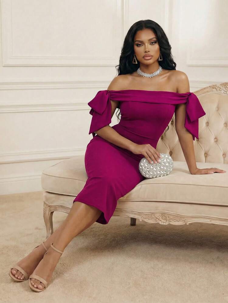 Women's Sexy Off Shoulder Bowknot Tie Bodycon Party Dress, Purple, Autumn