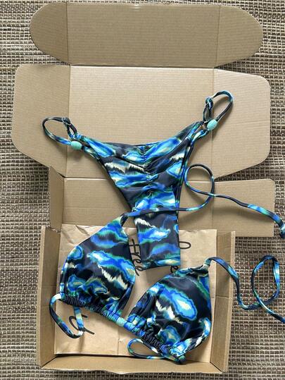 Swim Mod Women's Random Print Beaded Necklace Bikini Set, Spring/Summer