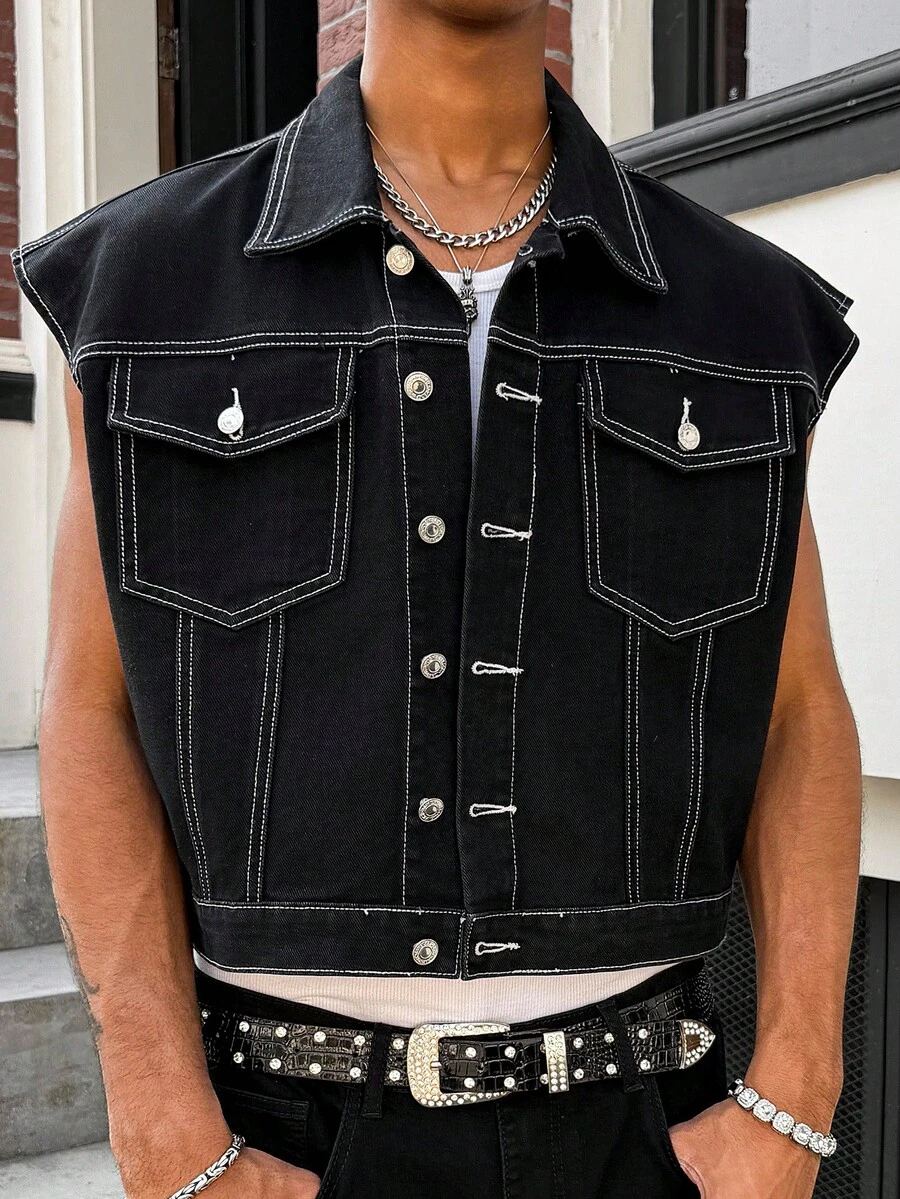 Manfinity EMRG 男士成熟休闲街头生活线设计黑色水洗夹克 - 黑色 - 查看 1