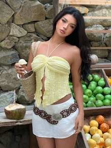 Aloruh Blusa de cuello halter amarillo sólido con ribete de encaje para mujer, adecuada para salidas, vacaciones, playa - Amarillo - Ver 6